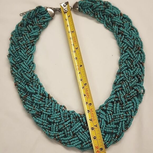 Turquoise Braided Seed Bead Collar Necklace 16x1.5 In. Euro Summer Resortwear - Picture 4 of 8